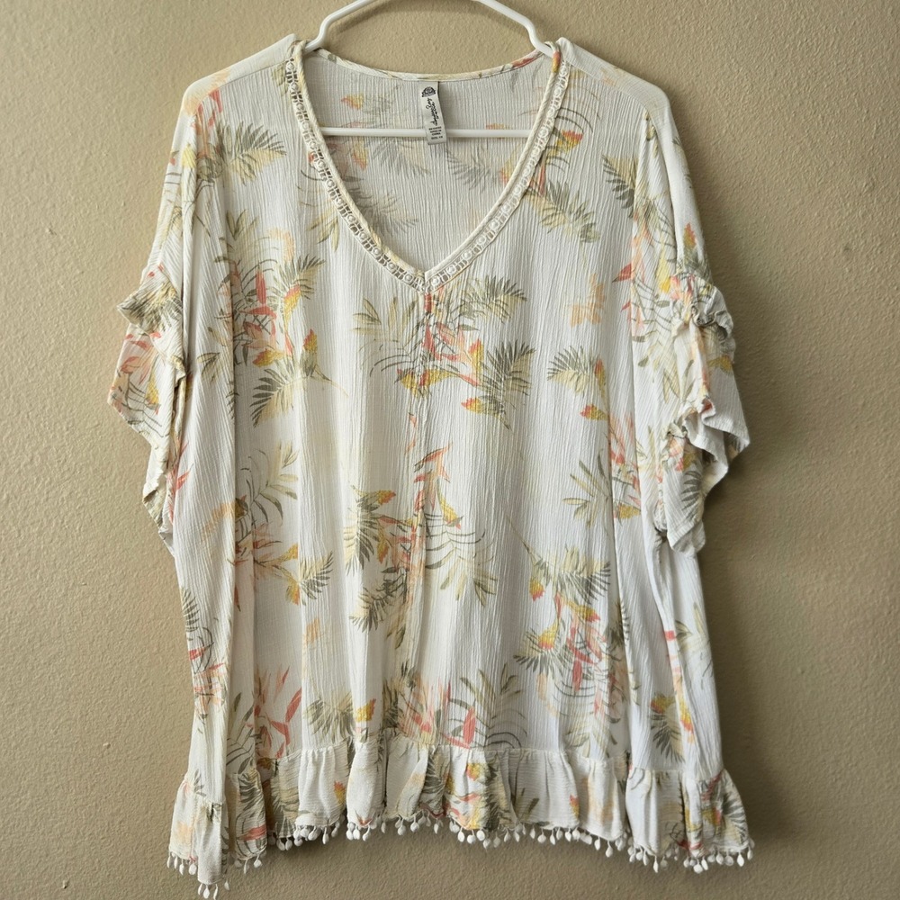 American Rag Tropical Palm Print V-Neck Ruffle Pom Pom Top White‎ Boho Size 1X
